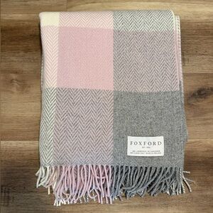 Foxford Plaid Fringe Throw Blanket Lambswool Cashmere Cream Pink Grey 55x63